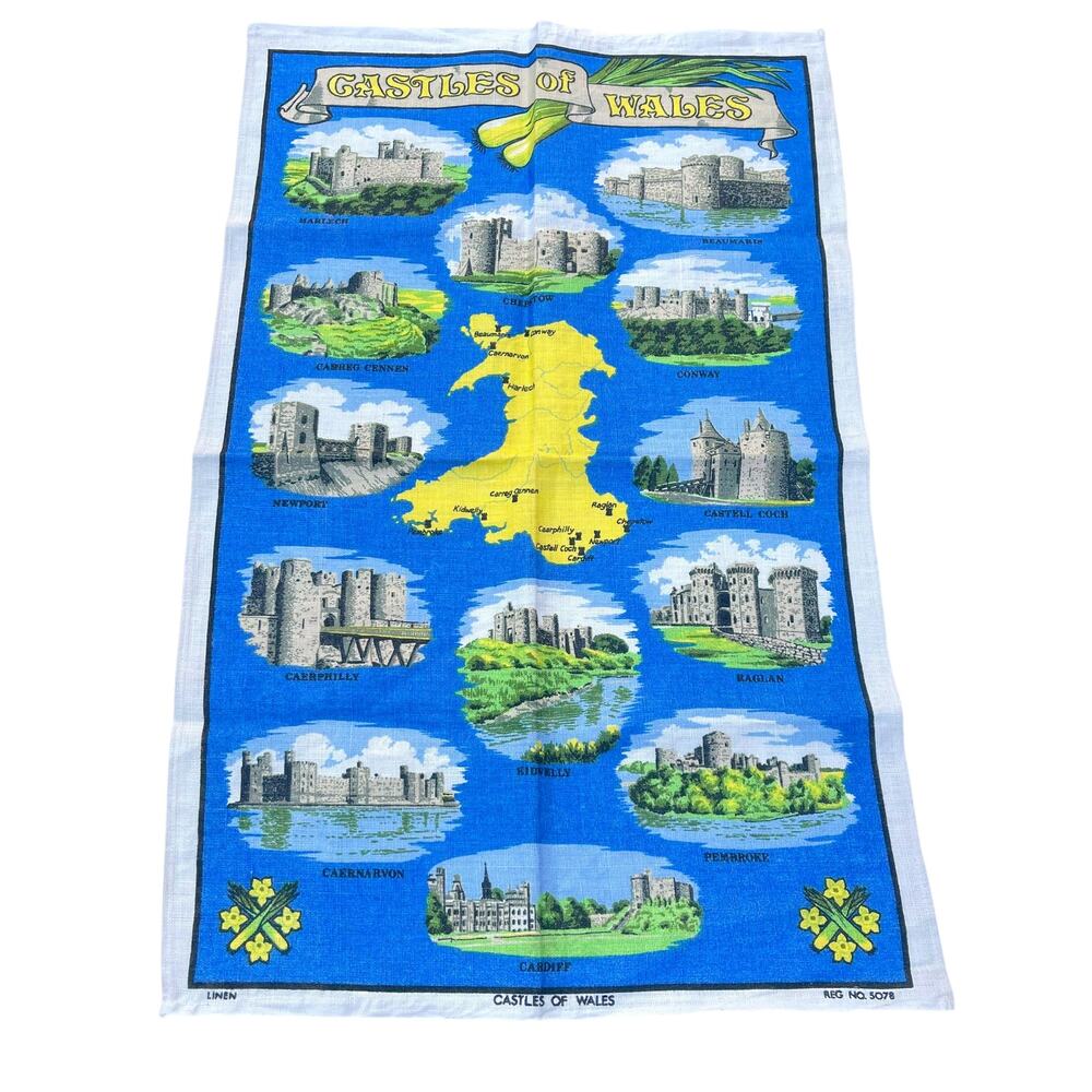 Vintage Castles of Wales Linen Tea Towel Souvenir Fabric Wall Hanging
